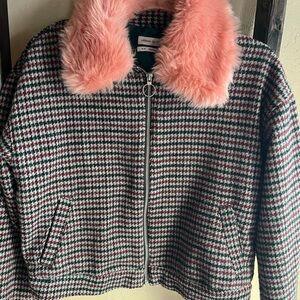 Urban Outfitters Houndstooth Jacket with Pink Collar